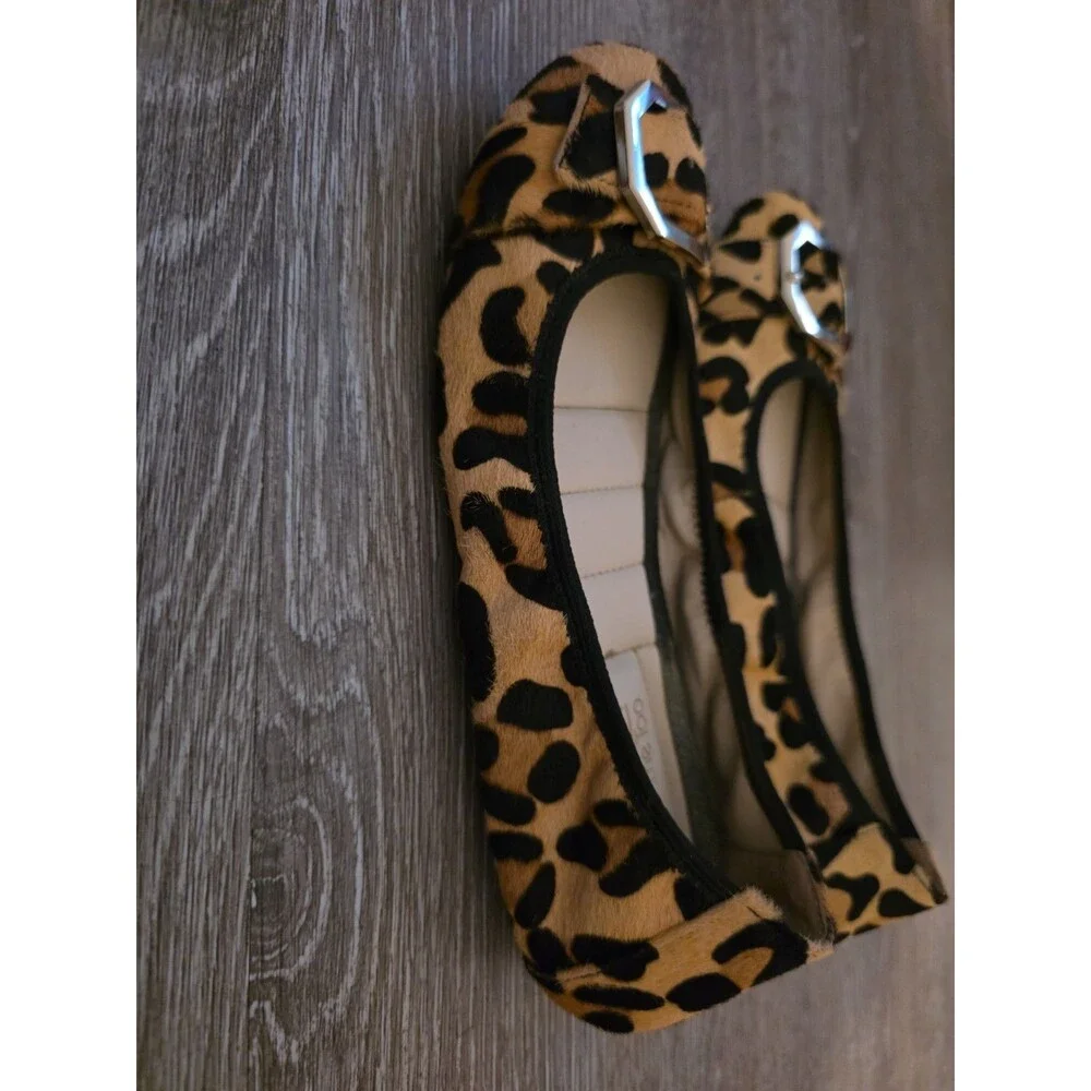 Adam Tucker by Me too leopard print, calf fur, gold buckle ballet flats.  Sz 7